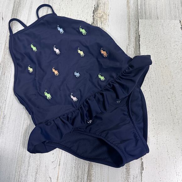 Ralph Lauren Girls Navy Polo Swimsuit 24M MSRP $75 Logo One-Piece - Picture 1 of 6